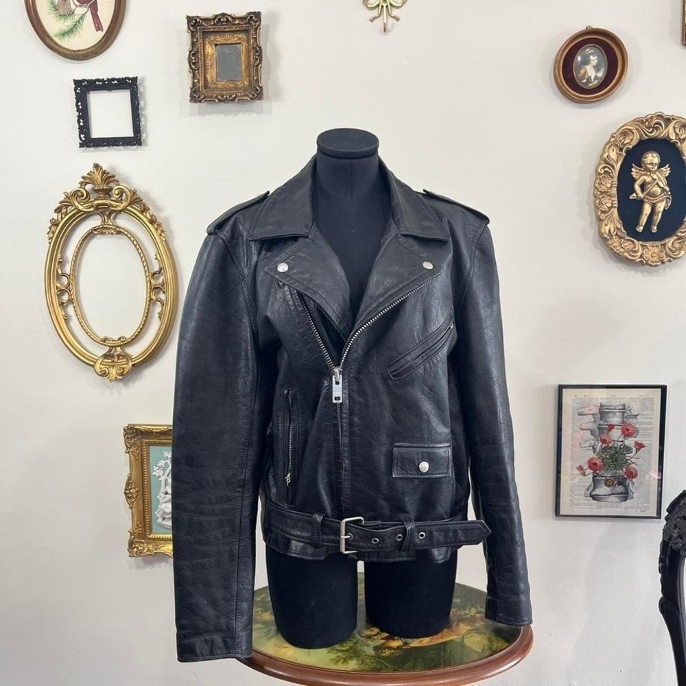 Vintage Outdoor Exchange Black Leather Moto Jacket Made in Korea Unisex Size 42